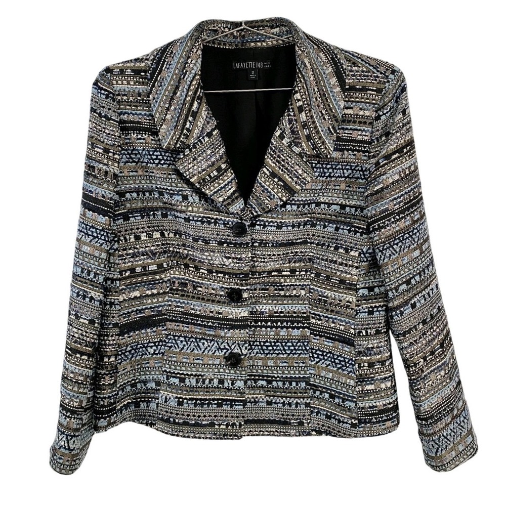 Lafayette‎ 148 New York Blazer Womens 12 Blue Black Tweed Boucle Lined 3 Button